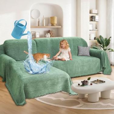 Imagem de ROFASVCO 1OO% capas de sofá seccionais impermeáveis para cães, chenille, em forma de L, conjunto de 2 capas seccionais com borla, protetor de móveis para animais de estimação macio lavável (GG, verde