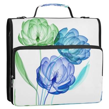 Imagem de Fichários de 3,8 cm, 3 anéis, flores, azul, branco, floral, zíper, fichário, organizador com alça, bolsa escolar de ensino médio, estojo portfólio de armazenamento de desenhos animados com alça