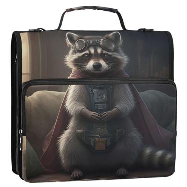 Imagem de Fichário fofo marrom guaxinim de 3 cm 3 anéis para fichário resistente com zíper, bolsa escolar com alça de ombro, vários bolsos, pasta grande para portfólio