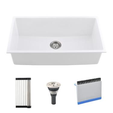 Imagem de BoomHoze Pia de cozinha branca sob montagem, tigela única de 83 x 48 cm, composto de quartzo de granito, pia de cozinha, montagem dupla, lavatório profundo com combo de escova de rodo de bancada