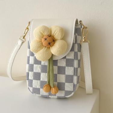 Imagem de Bolsa tiracolo feminina quadriculada floral, bolsa de ombro pequena estilo INS com fecho de zíper para passeios diários, Branco, Tendência