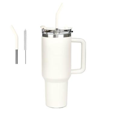 Imagem de Copo Térmico 600ml e 1200ml Aço Inox 304 - Isolante a Vácuo, Kit Completo com Canudo, Presente Premium(Creme-1200ml)