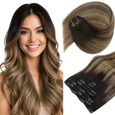 Imagem de Sunny Hair Extensões de cabelo humano liso com clipe em extensões de cabelo humano Remy Clip em extensões de cabelo humano real Clipes em preto ombré marrom escuro com loiro caramelo 45,7 cm