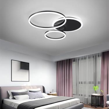 Imagem de Luminária de teto LED dimerizável com 3 anéis, 54 W, com controle remoto, ideal para sala de estar, quarto e cozinha (preta, 2+1 lâmpadas).