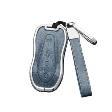Imagem de Liga + couro carro remoto chave caso capa compatível com geely azkarra tugella fy11 2019 2020 atlas pro emgrand gs x6 suv ec7 estilo(Silver Blue)