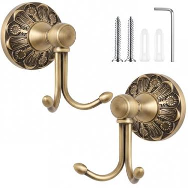 Imagem de Yaocom Ganchos de toalha de bronze polido a óleo, ganchos de banheiro antigos para toalhas, acessórios de banheiro de cobre montados na parede, casaco, cabide duplo para casa, chuveiro, cozinha (latão
