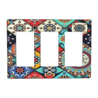 Imagem de Nadoabtm Capas para interruptores de luz, colorido, flor talavera, mandala, floral, 3 gangues, balancim elétrico, GFCI, placa decorativa de parede para cozinha, sala de estar, decoração