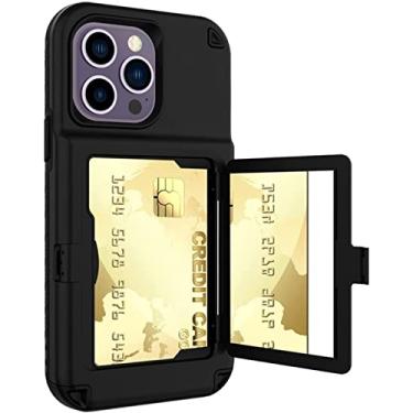 Imagem de MAALYA Capa para iPhone 14/14 Plus/14 Pro/14 Pro Max, capa amortecedora premium com suporte de cartão espelho embutido resistente a impactos capa protetora de corpo inteiro (cor: preto, tamanho: 14 Plus 6,7 polegadas)