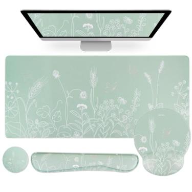 Imagem de Petmolico Conjunto de mouse pad com teclado de computador, mouse pad com descanso de pulso, almofada de pulso para digitação e porta-copos para copos, design ergonômico para alívio da dor [cinza-verde