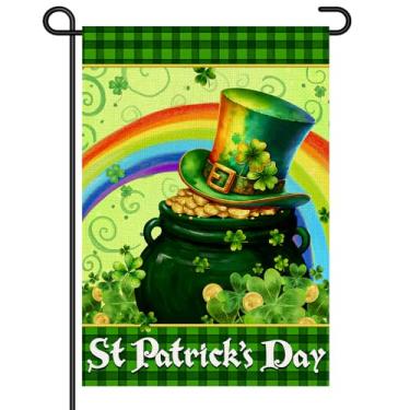 Imagem de Bandeira de jardim do dia de São Patrício 30,5 x 45,7 cm, placa de quintal pequena, pote de arco-íris, trevo da sorte, trevo da sorte, decoração ao ar livre para varanda de gramado, decorações de