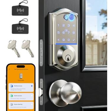 Imagem de Veise VE017-K Fechadura inteligente de impressão digital com 2 maçanetas, controle de aplicativo, fechadura frontal de porta de entrada sem chave com conjunto de alças, fechadura digital eletrônica, à