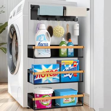 Imagem de POLRAI Pacote com 5 prateleiras magnéticas para máquina de lavar roupa, prateleira magnética para geladeira, prateleiras magnéticas potentes e suporte de lençol de secadora com fita dupla face para