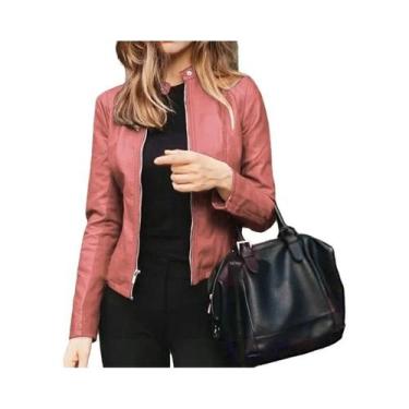 Imagem de Jaqueta Feminina Slim Fit De material sintético Estilo Motoqueiro Com 