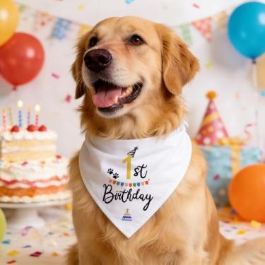 Imagem de Bandana para cães de primeiro aniversário para animais de estimação, 1º aniversário, cachecol triangular, bandanas para cães, roupa de 1º aniversário, vestido para decoração de festa de aniversário