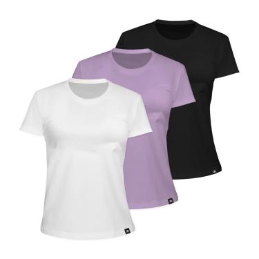 Imagem de Kit com 3 Camiseta Algodão Sportswear Muvin - Feminino - Mais Conforto - Academia – Camiseta Manga Curta - Treino Funcional - Corrida – Ginástica (BR, Alfa, P, Regular, Preto/Branco/Lilás Lavanda)