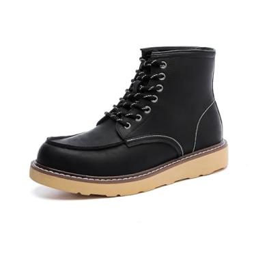 Imagem de Bota masculina de cano médio, casual, cano médio, botas de couro com cadarço, bico redondo, plataforma para motociclista, Preto, 40
