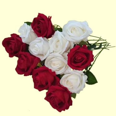Imagem de HIWARM 12 peças de flores artificiais de seda realistas, ramo de rosas falsas, haste longa para decoração de casamento, decoração de mesa de festa, dia dos namorados, dia das mães (2 cores mistas)