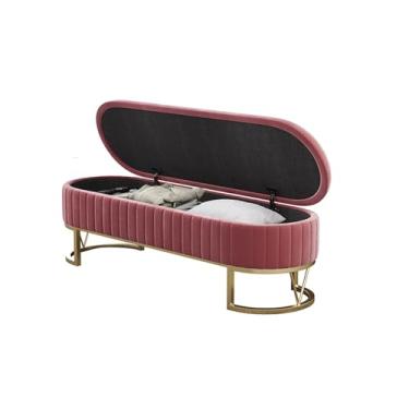 Imagem de Banco de armazenamento moderno - Otomano para quarto, extremidade da cama, banco de entrada, banco de veludo moderno para o pé da cama, banco estofado com pernas douradas decorativo (rosa, 100 x 45 x