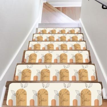 Imagem de Abstrato retrô linhas laranja folhas deslizantes 20 x 76 cm, tapete de escada de borracha para degraus de escada laváveis reutilizáveis para degraus de madeira