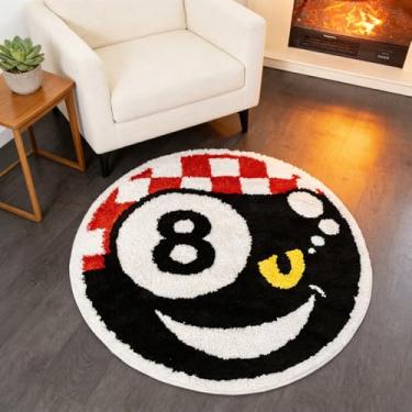 Imagem de YulyreZome Tapete de área de 8 bolas, tapetes legais de 101,6 cm para quarto, tapete redondo preto flocado para caverna masculina, tapete estético macio para decoração de sala de estar