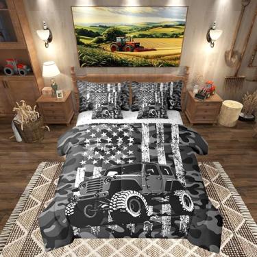 Imagem de Jogo de cama solteiro cinza para veículos off-road, 7 peças, camuflagem, bandeira americana, graffiti, para crianças, esportes de aventura, carro de corrida, conjunto de cama em uma bolsa com fronhas