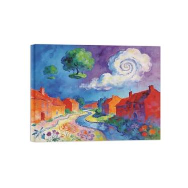 Imagem de BMZFYBS Impressão em tela de arte de parede de paisagem - Nuvens de vila - Pintura de decoração de árvore - Imagens para sala de estar pronta para pendurar Tela embrulhada 60 x 80 cm 24 x 31 pol