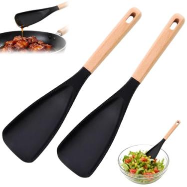 Imagem de Colher de cedro e freixo, colher de cedro e freixo, espátula multifuncional para cozinhar, colher de espátula 3 em 1 de silicone para mexer, colher e servir (2 peças)