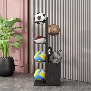 Imagem de ZDJZMGZ Suporte de basquete vertical, rack de armazenamento de equipamentos de bola esportiva com cesta e ganchos para uso interno e externo, capacidade preta 5