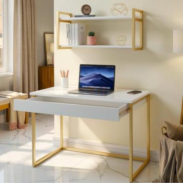 Imagem de Kit Mesa Home Office Escrivaninha Industrial com Gaveta e Prateleira 100% MDF Premium Branco e Aço Dourado