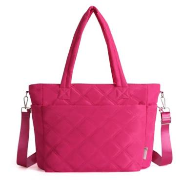 Imagem de Rueesh Sacola leve com zíper para mulheres, bolsa de ombro acolchoada com compartimentos para viagens, trabalho, compras, Vermelho rosa, One Size