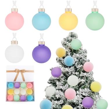 Imagem de Conjunto de 12 enfeites de Natal pastel, decoração de festa Candyland, 6 cm, com caixa de presente, bolas penduradas de veludo fosco colorido arco-íris para árvore de Natal, guirlanda de árvore de