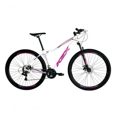 Imagem de Bicicleta Aro 29 Ksx Sd7 Feminina 21v Cabos Internos Alumínio Freios A Disco Garfo Suspensão Branco Rosa Violeta Tamanho 17