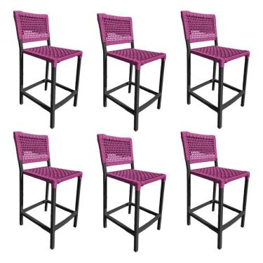 Imagem de Kit 6 Banquetas França Em Corda Náutica E Base Em Alumínio Preta Para área Gourmet Rosa - Cor: Rosa