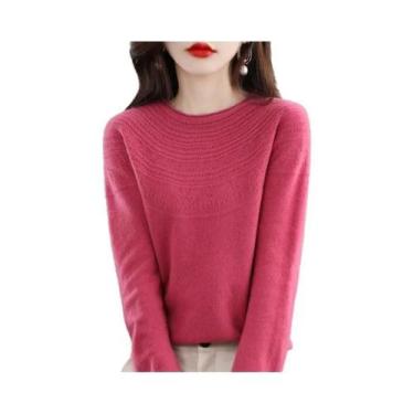 Imagem de Suéter Feminino De Lã Merino 100% Tricotado Com Gola Redonda E Detalhe