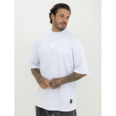 Imagem de Camiseta Oversized Gola Alta Borracha Triângulo All White Streetwear Algodão Premium Branco-Masculino