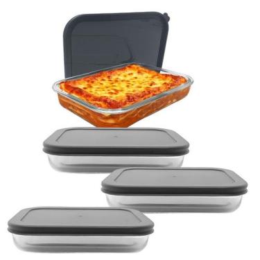 Imagem de Kit 3 Travessas Assadeira 2600ml Lasanheira de Vidro Com Tampa Forno M