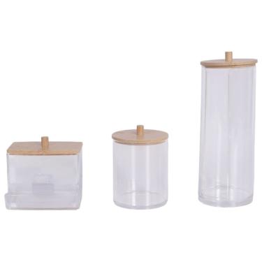 Imagem de Kit 3 Peças Porta Algodão Cotonete Tampa Bambu Acrílico Transparente