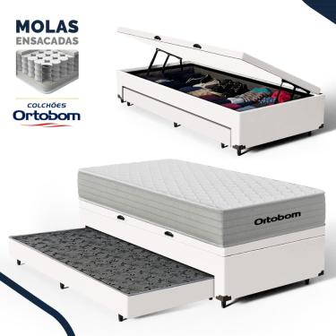 Imagem de Cama Box Baú com Colchão de Molas Ensacadas Ortobom One Face Plenno Superpocket + Auxiliar de Espuma Solteiro 88cm