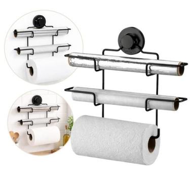 Imagem de Suporte Porta Rolo Triplo Papel Alumínio Papel Toalha Ventosa Preto Fo