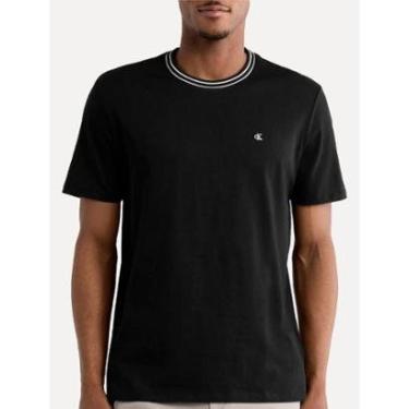 Imagem de Camiseta Calvin Klein Masculina Cotton Friso Gola CK Logo Bordado Preta 4L0129S 0987-Masculino