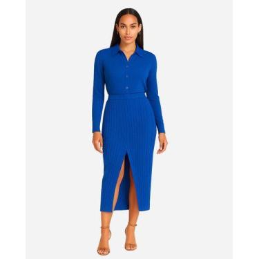 Imagem de Saia Midi Lápis Fenda Elegante Azul Textura Zanca Modas Cor:AzulTamanh