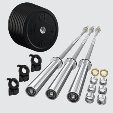 Imagem de Trio Barra Olímpica Feminina Com 10un anilha 5kg + presilha jawhold - 