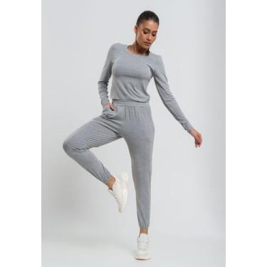 Imagem de Conjunto Comfy Com Blusa Manga Longa e Jogger Recorte Malha Mescla Sal