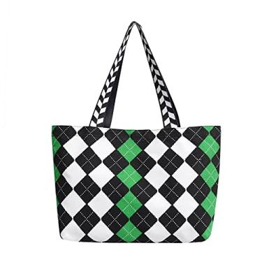 Imagem de Bolsa tiracolo xadrez de lona grande capacidade para mulheres bolsa de compras reutilizável lavável casual bolsa de ombro, Verde, Large