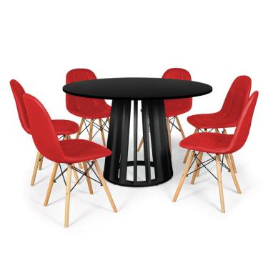 Imagem de Conjunto Mesa de Jantar Redonda Talia Preta 120cm com 6 Cadeiras Eiffel Botonê - Vermelho
