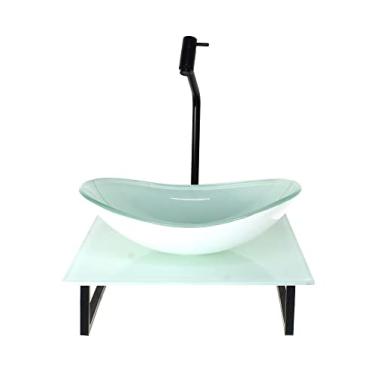 Imagem de KIT CUBA DE VIDRO OVAL 10MM COM TAMPO DE VIDRO 40CM X 40CM BRANCO FULL E SUPORTE PRETO