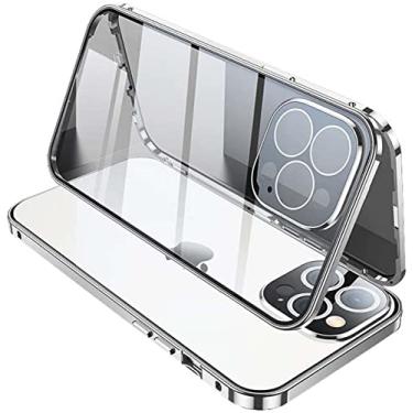 Imagem de HAODEE para Apple iPhone 13 Pro (2021) capa magnética de 6,1 polegadas, capa de proteção de telefone de vidro temperado transparente HD de dupla face [moldura de pára-choques de metal] (cor: prata)