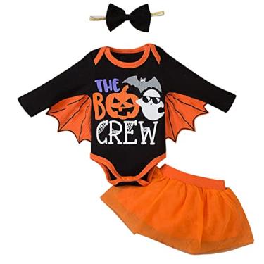 Imagem de Macacão infantil infantil com letras de Halloween e mangas compridas macacão de malha de tule tamanho de roupas para meninas (laranja, 3 a 6 meses)