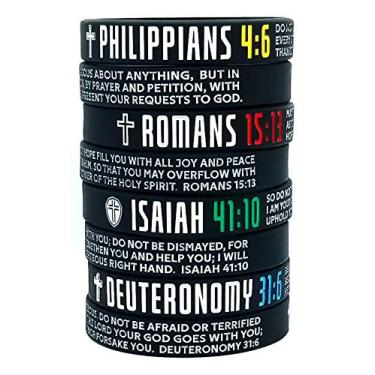 Imagem de Nuzabee Pacote com 8 pulseiras de silicone com versículos da Bíblia Cristã | Pulseiras de borracha para homens, mulheres, adolescentes | Paz, força, fé, crença, alegria | Mensagens positivas e