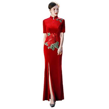 Imagem de Yajun Velour Cheongsam Vestidos Chineses Feminino Slim Fit Longo Qipao Vintage Stretch Plus Size Vestidos Divididos Verão Uso Diário, Vermelho, M (Peito: 86cm)